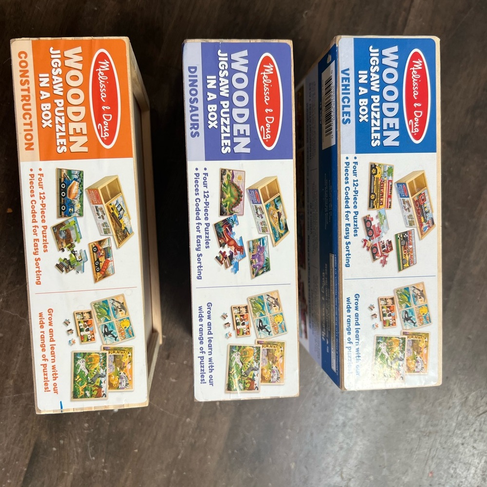 Melissa & Doug Wooden Jigsaw Puzzles - Construction, Dinosaurs, Vehicles
